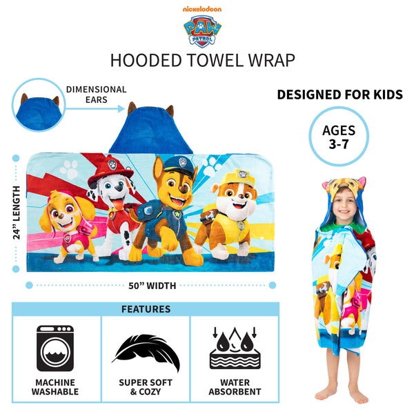 PAW Patrol Kids Bath and Beach Hooded Towel Wrap, 100% Cotton - FPI Ventures