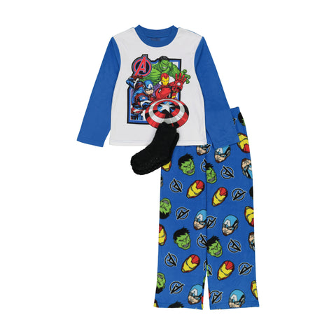 Avengers Boys Pajama Set with Socks, Long Sleeve Top and Pants 3PC PJ Outfit, 4-10, Blue - FPI Ventures