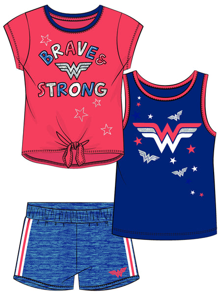 Wonder Woman Girls Tee and Short Outfit 3PC Clothing Sets, 4-6X, Blue - FPI Ventures