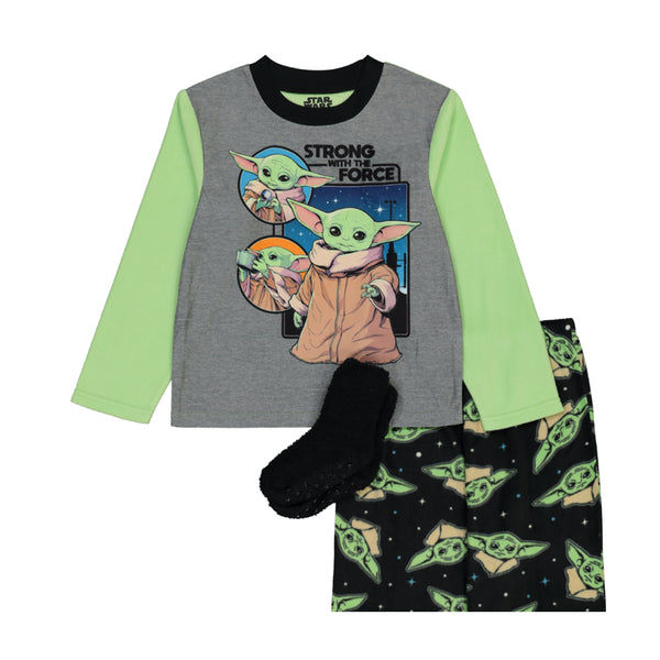 Baby Yoda Boys Pajama Set with Socks, Long Sleeve Top and Pants 3PC PJ Outfit, 4-10, Gray - FPI Ventures