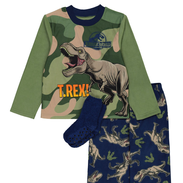 Jurassic 2 Boys Pajama Set with Socks, Long Sleeve Top and Pants 3PC PJ Outfit, 4-10, Green - FPI Ventures