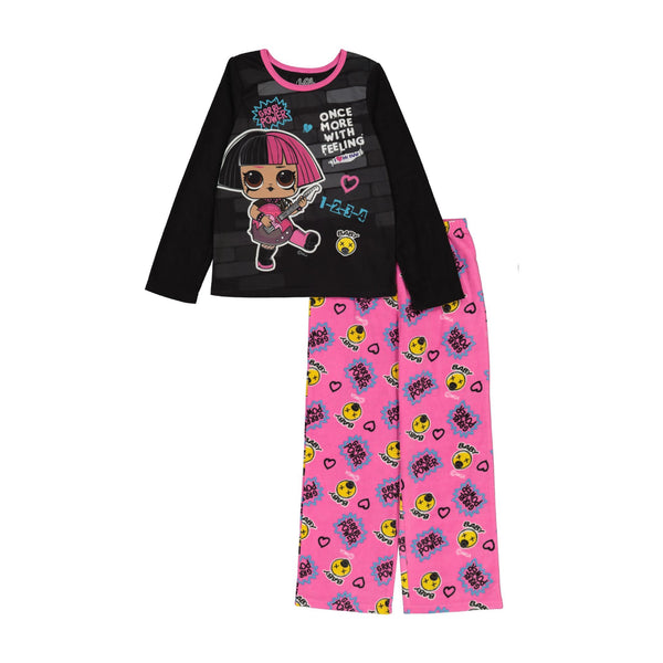 LOL Girls Pajama Set, Long Sleeve Top and Pants 2pc Fleece PJ Outfit, 4-10, Black - FPI Ventures