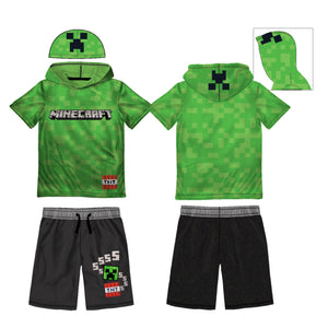 Minecraft Boys Cosplay Hooded Short Sleeve T-Shirt and Short Set 2pc Green - FPI Ventures
