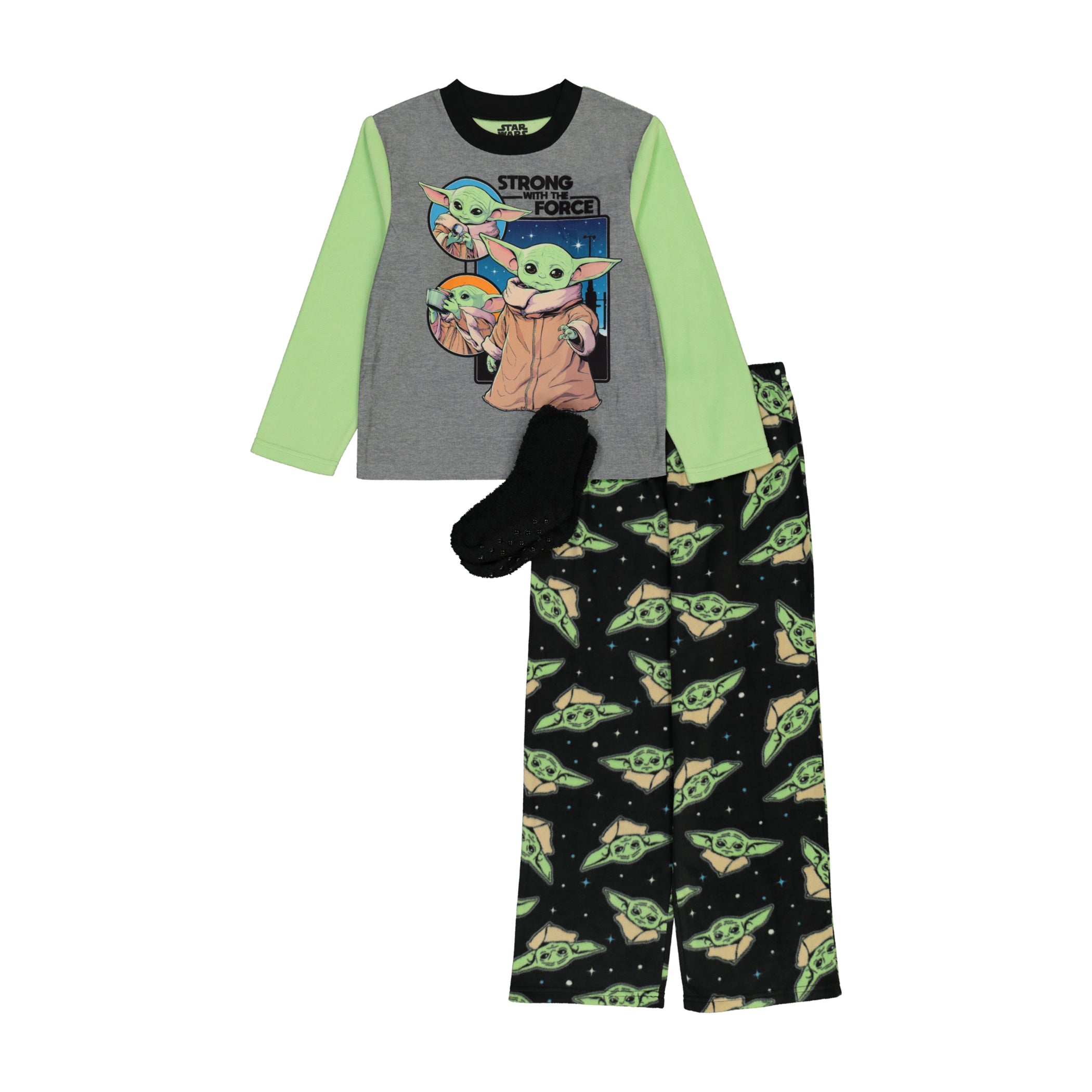 Baby Yoda Boys Pajama Set with Socks, Long Sleeve Top and Pants 3PC PJ  Outfit, 4-10, Gray FPI Ventures