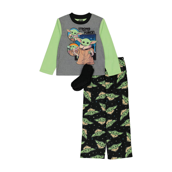 Baby Yoda Boys Pajama Set with Socks, Long Sleeve Top and Pants 3PC PJ Outfit, 4-10, Gray - FPI Ventures