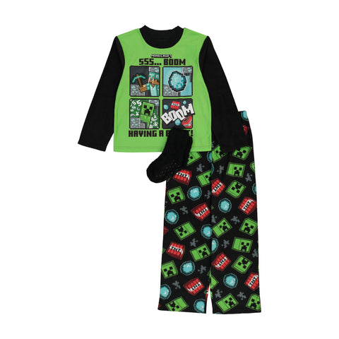 Minecraft Boys Pajama Set with Socks, Long Sleeve Top and Pants 3PC PJ Outfit, 6-12, Green - FPI Ventures