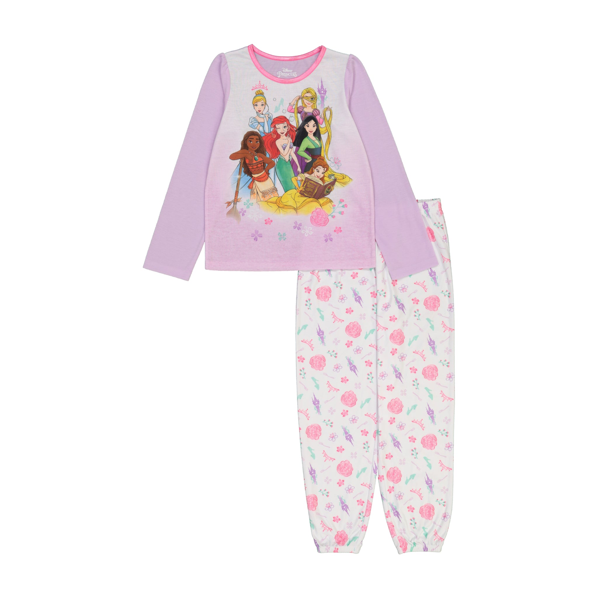 Disney Princess Girls Pajama Set, Long Sleeve Top and Pants 2pc PJ Outfit, 4-10, Purple - FPI Ventures
