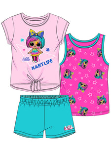 LOL Girls Tee and Short Outfit 3PC Clothing Sets, 4-6X, Pink - FPI Ventures