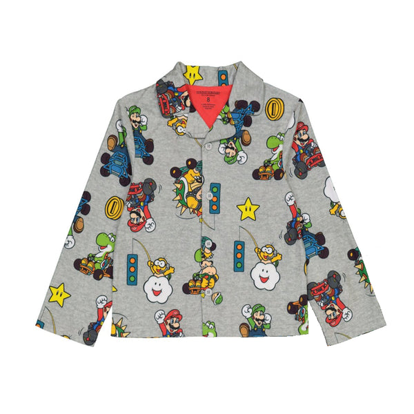 Mario Kart Boys Pajama Set, Long Sleeve Coat-Style Top and Pants 2-Piece PJ Outfit, 4-10, Gray - FPI Ventures