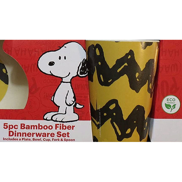 Peanuts Snoopy Charlie Brown Bamboo Dining Set for Kids Plate, Bowl, Cup and Utensils 5 Piece Dinnerware Set - FPI Ventures