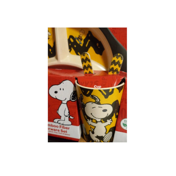 Peanuts Snoopy Charlie Brown Bamboo Dining Set for Kids Plate, Bowl, Cup and Utensils 5 Piece Dinnerware Set - FPI Ventures