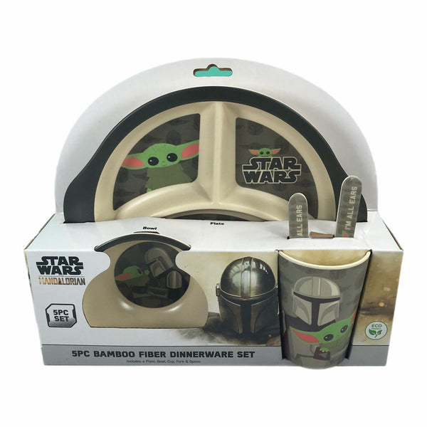 Star Wars Baby Yoda Bamboo Dinnerware Set Kids Mandalorian 5 Piece Plates and Bowls Set - FPI Ventures