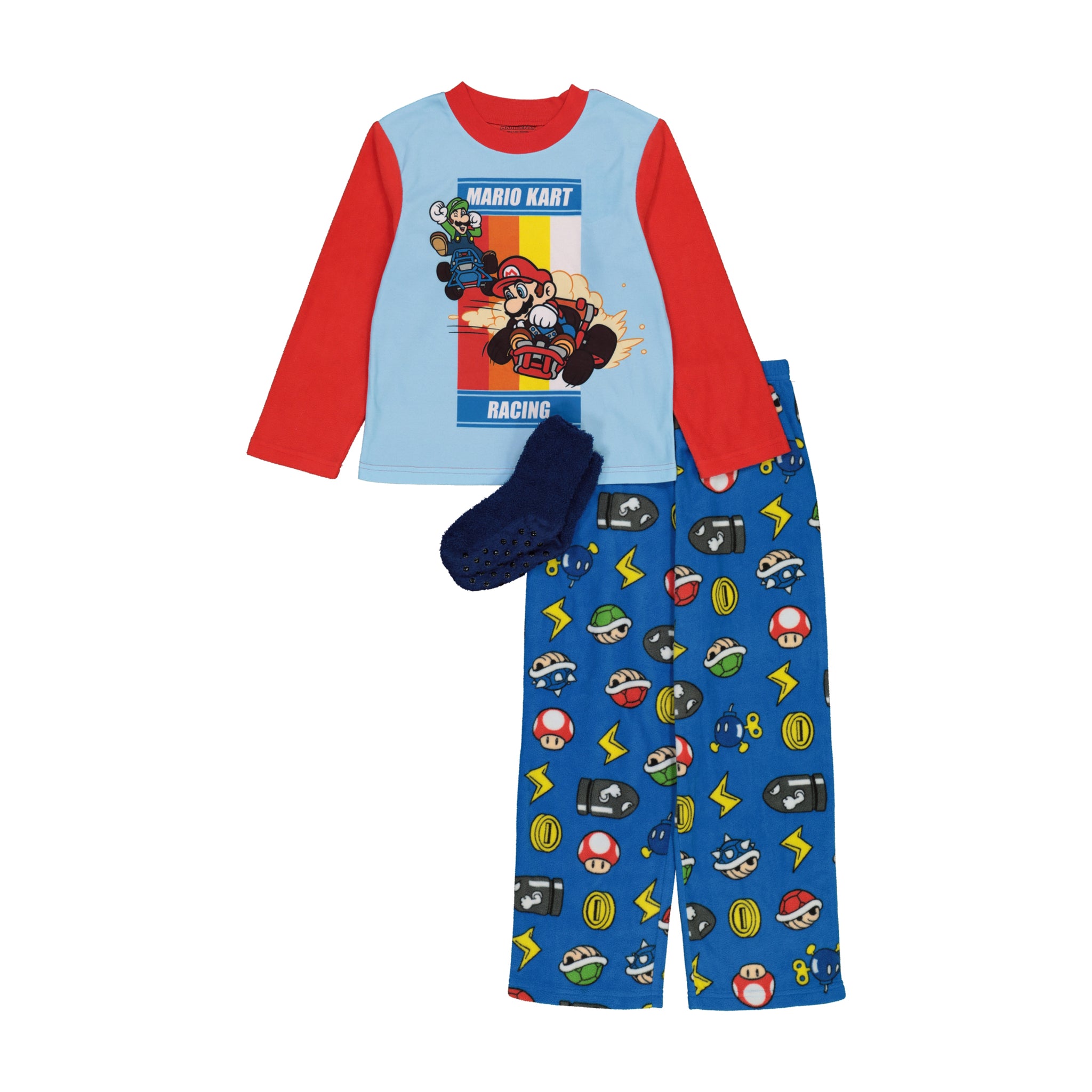 Mario Kart Boys Pajama Set with Socks, Long Sleeve Top and Pants 3PC PJ Outfit, 4-10, Red - FPI Ventures