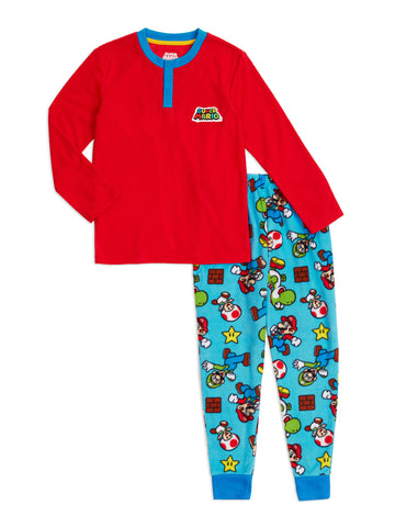 Mario Boys Pajama Set, Long Sleeve Henley PJ's, 2-Piece Sleep Set, 4-12 - FPI Ventures