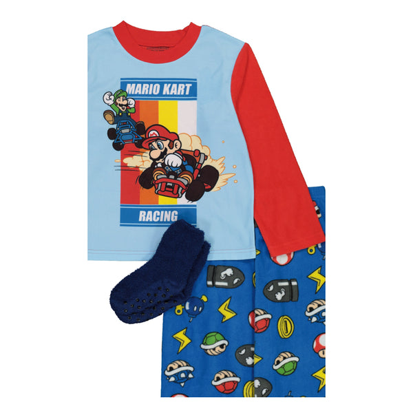 Mario Kart Boys Pajama Set with Socks, Long Sleeve Top and Pants 3PC PJ Outfit, 4-10, Red - FPI Ventures